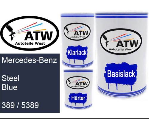 Mercedes-Benz, Steel Blue, 389 / 5389: 500ml Lackdose + 500ml Klarlack + 250ml Härter - Set, von ATW Autoteile West.